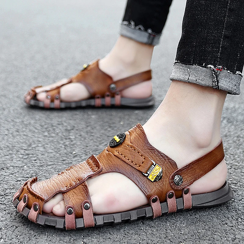 

Fashion New Summer Sandals Men Breathable High Quality Leather Sandals Man Flats Fashion Casual Beach Men's Shoes Big Size 47