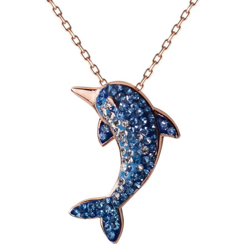 

925 Sterling Silver Color Blue Zircon Inlaid Cute Dolphin Shape Pendant Necklace For Fashion Women Girls Teen Gift Jewelry