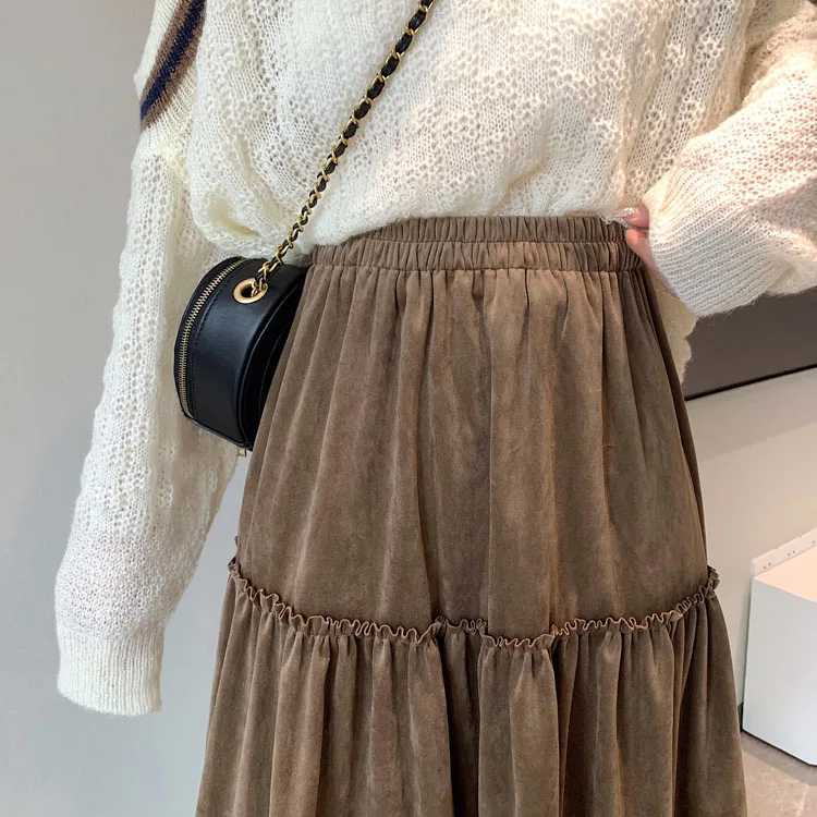 

Vintage velvet High Waisted Skirt Women Spring Autumn Frill Pleated Ruffles Patchwork Long Midi Black Goth Skirts