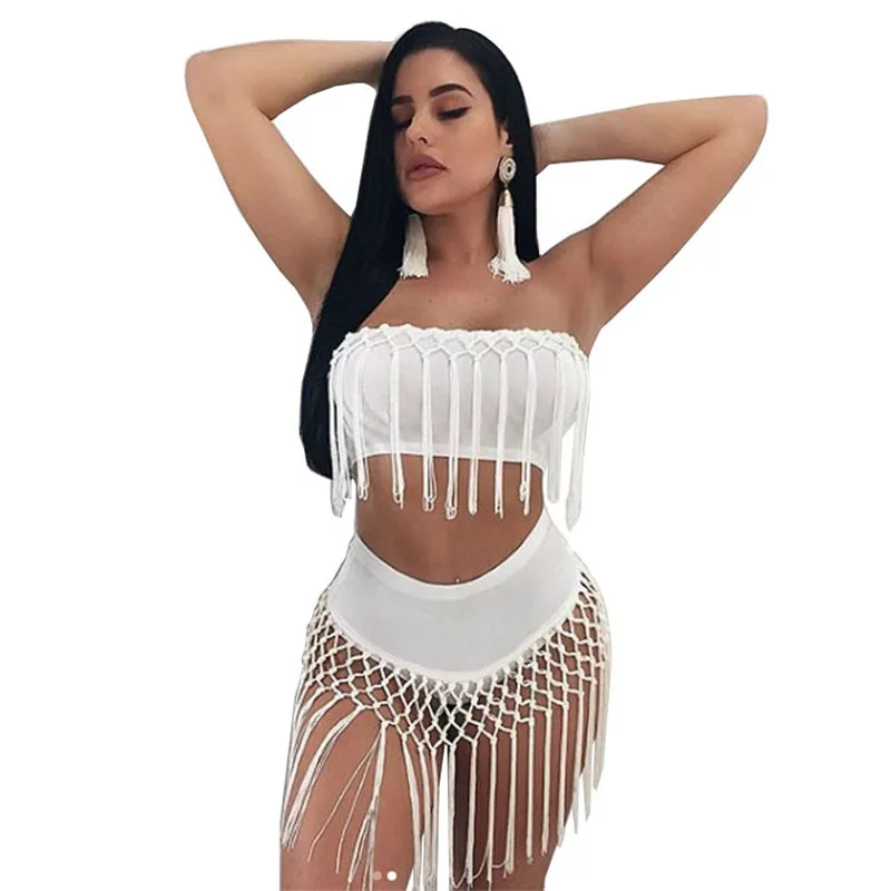 Женский костюм из двух предметов короткий Топ без бретелек и шорты с кисточками