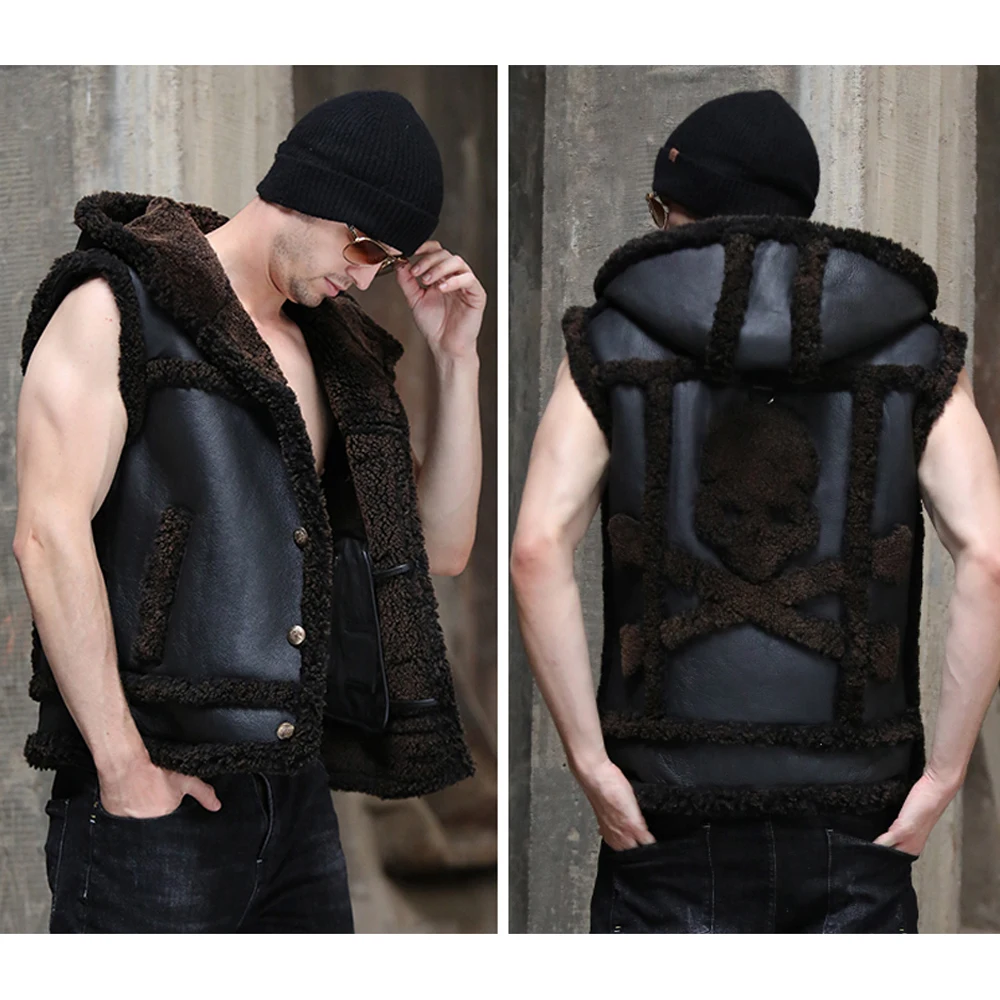 Шуба из овчины с подкладкой из меха овчины Cool Shan с капюшоном и отстегивающимися рукавами для мужчин на зиму.