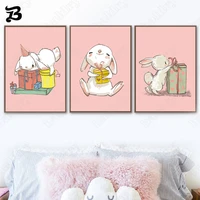canvas painting for living room pink lovely rabbit holding a gift box cartoon animals wall art posters and prints kid room decor