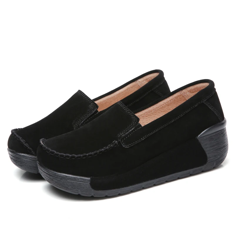 

Genuine Leather Fashion Flat Platform Shoes Women Sneakers Black 2020 Cow Suede Leather Mid Heel Slip-On Casual Shoes 40