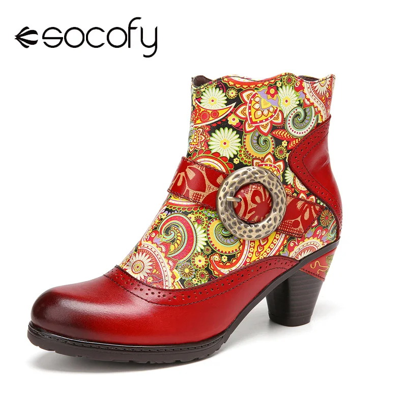 

SOCOFY Retro Embossed Floral Splicing Genuine Leather Comfy Warm Lined Chunky Heel Ankle Boots Women Ladies Calico Boots