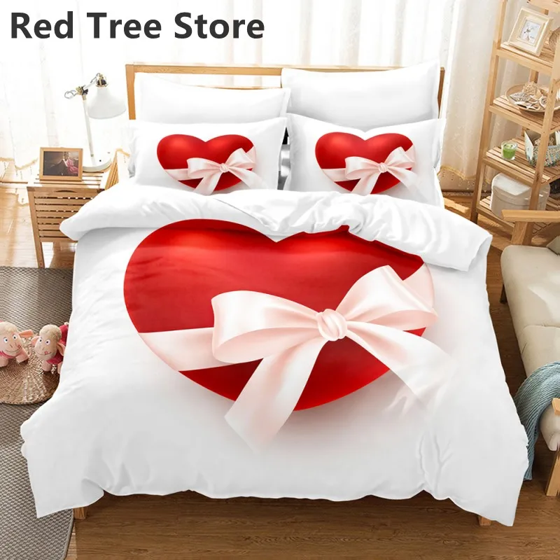 

Valentine's Day Red Heart Bedding Set 2/3 Pcs Couple Love Duvet Cover Queen King Double Size with Pillowcase White Bed Linen Set