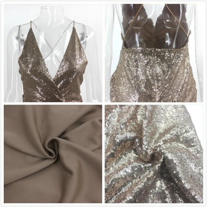 Женское облегающее платье мини на тонких бретельках с блестками глубоким v