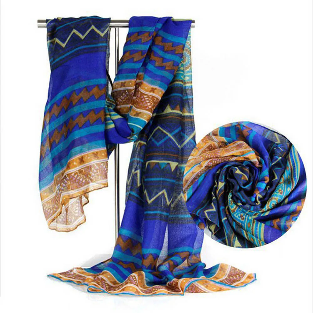 Модный осенний шелковый шарф в богемном стиле женский с геометрическим узором