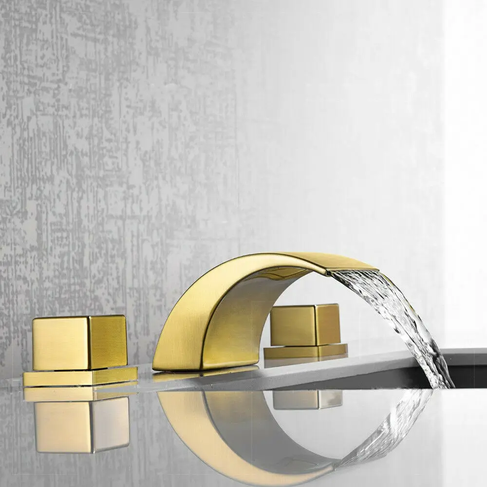 

Бесплатная доставка, Роскошный Матовый Золотой водопад, смеситель для раковины в ванную комнату, 2 квадратных ручки, смеситель для раковины ...