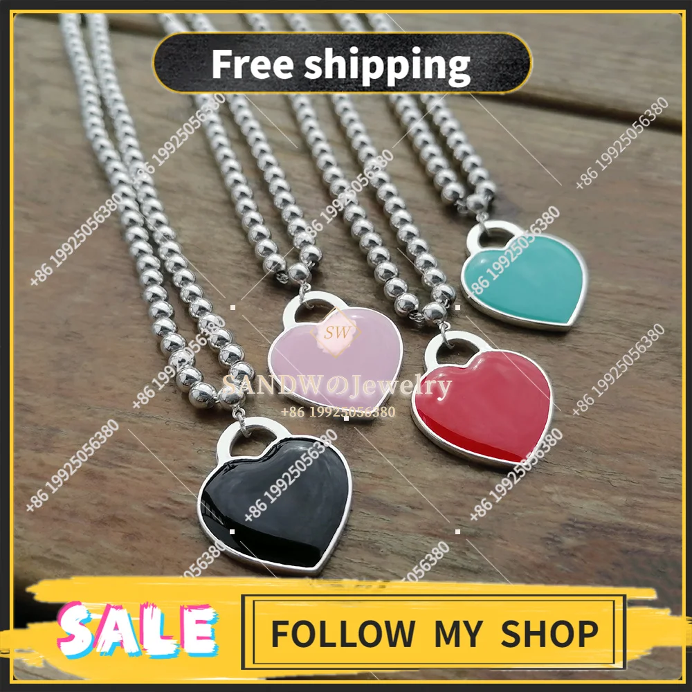

SANDW Sterling silver 925 Enamel Heart Necklace Pendant Jewelry Round Bead Chain Original 1:1 Couple Fashion Wedding Gift