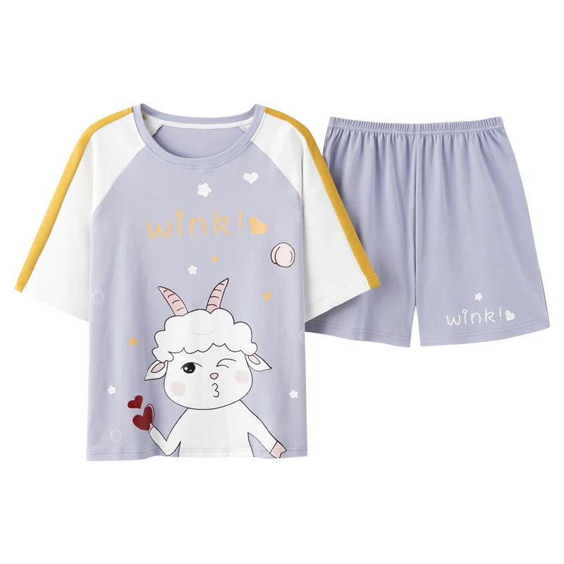 

Women New Korean Cartoon Print Sweet Purple Summer Short Sleeve Schoolgirls Sleepwear Kawaii Soft Cotton Homewear Pajamas Sets