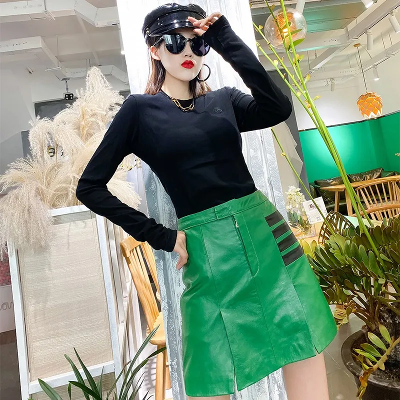

Women Bikers Sexy Genuine Leather Mini Skirt A Line Wrap Colors Mixed Striped High Waist Fashion Slim Fit Real Sheepskin Skirts