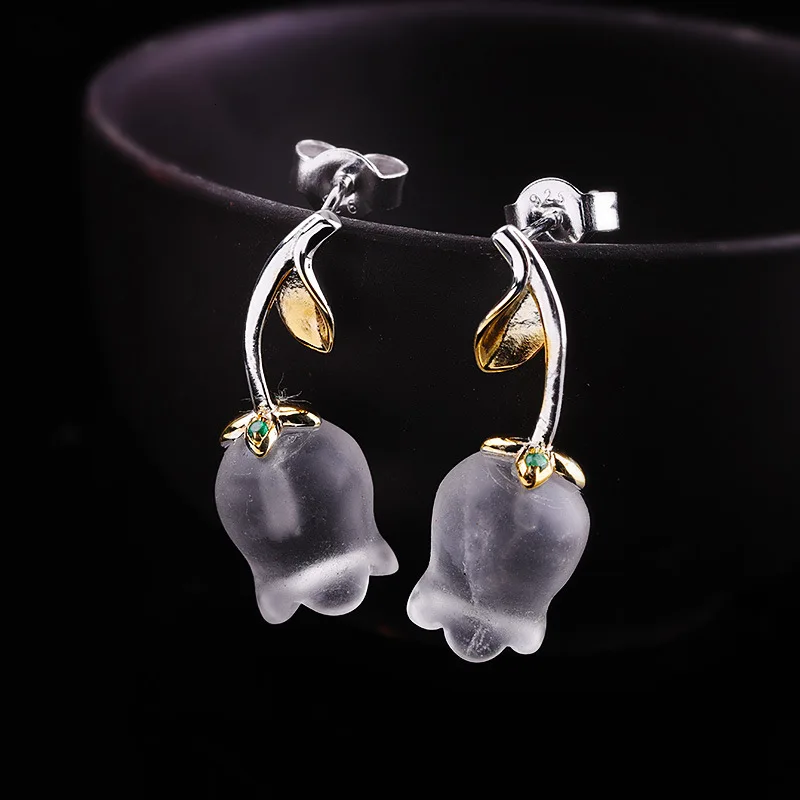 

925 Sterling Silver White Crystal Tulip Flower Stud Earrings Fine Jewelry For Women Aestheticism Minimalism Vintage Earring Gift