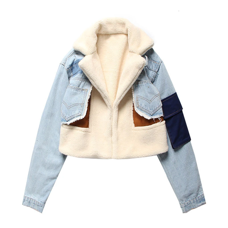 

Coats Patchwork Color Irregular Hit Women Lapel Collar Long Sleeve Vintage Autumn Denim Jackets Female Fashion