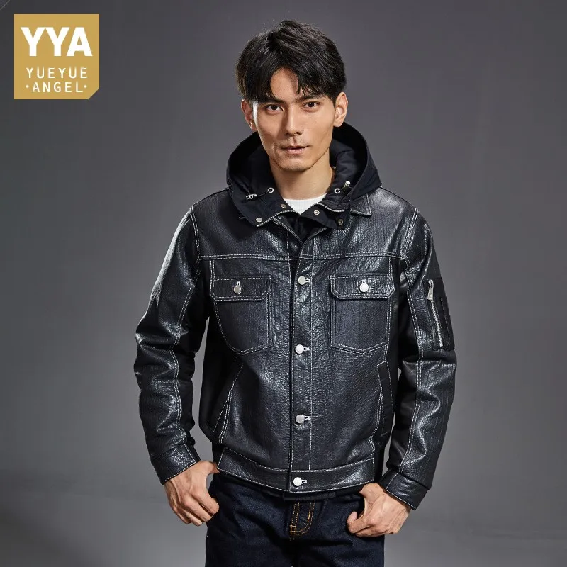 

Streetwear Men Multi-Pockets Hooded Genuine Leather Jacket Autumn Winter Casual Sheepskin Down Coat Luxury Warm Outerwear Male