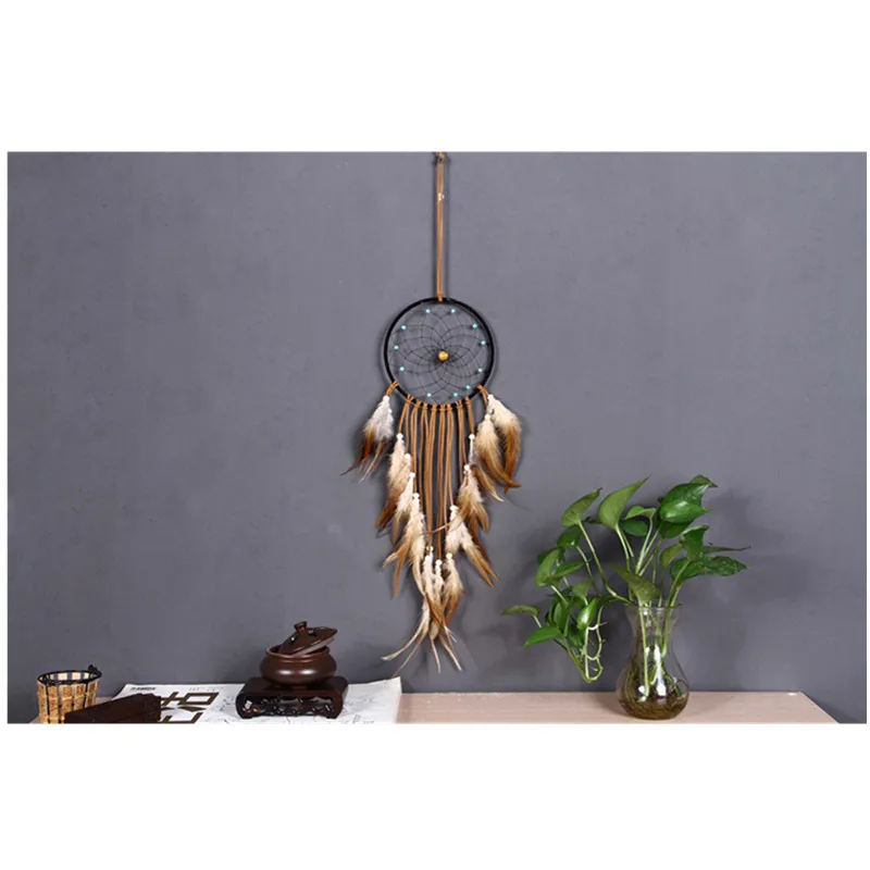 Индийская Ретро Сеть Ловец снов с кулоном из Коричневых Перьев натуральный