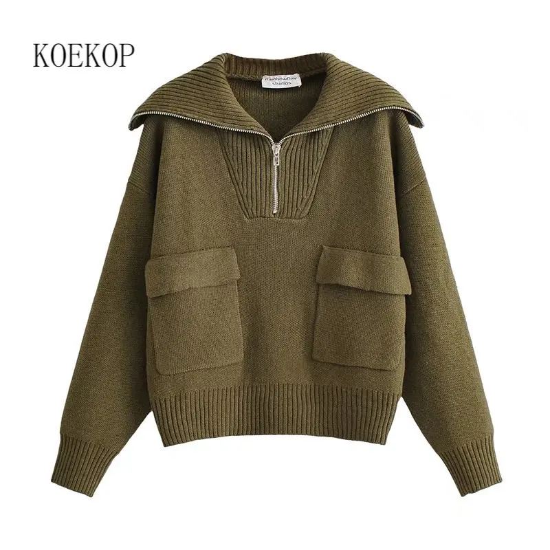 

Koekop Women Fashion Brown Front Zipper Knitted Sweater Casual Long Sleeves Lapel Neck Female Sweaters Pullover Chic Tops
