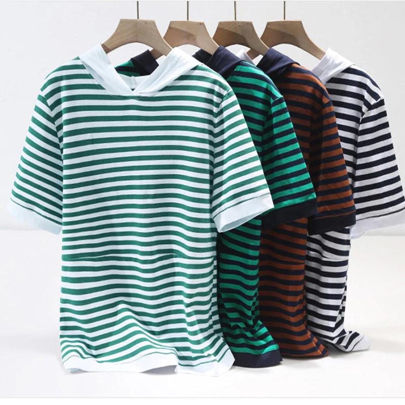 

Grace&Taste 2021 Cotton Ol Fashion Summer Loose Top Stripe Short Sleeve T-Shirt Cap Ladies Tops Tees