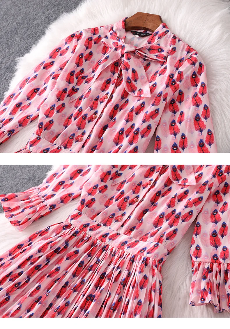 

Leaves Printing Dresses Women Spring Autumn Casual Pink Bow Collar Three-Quarter Flare Sleeve Middle Waist Long Pleated Clothing
