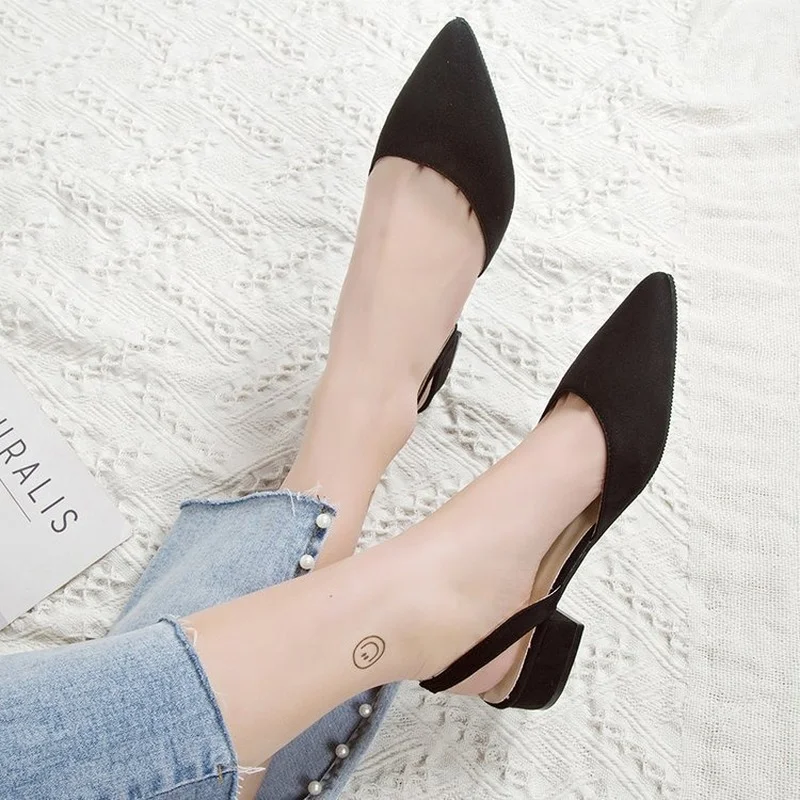 

2021 New Sandals Pointed Toe Thick Heel Suede Low Casual Women's Shoes