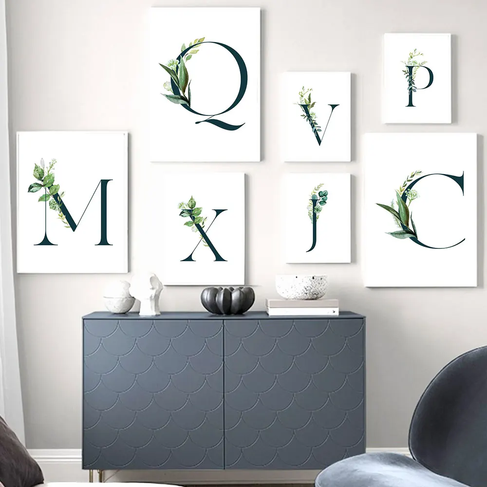 Name Customed Alphabet Chart Wall Art Print Green Plants Quotes Canvas Poster Nordic Letter Painting Living Room Decor Gift | Дом и сад