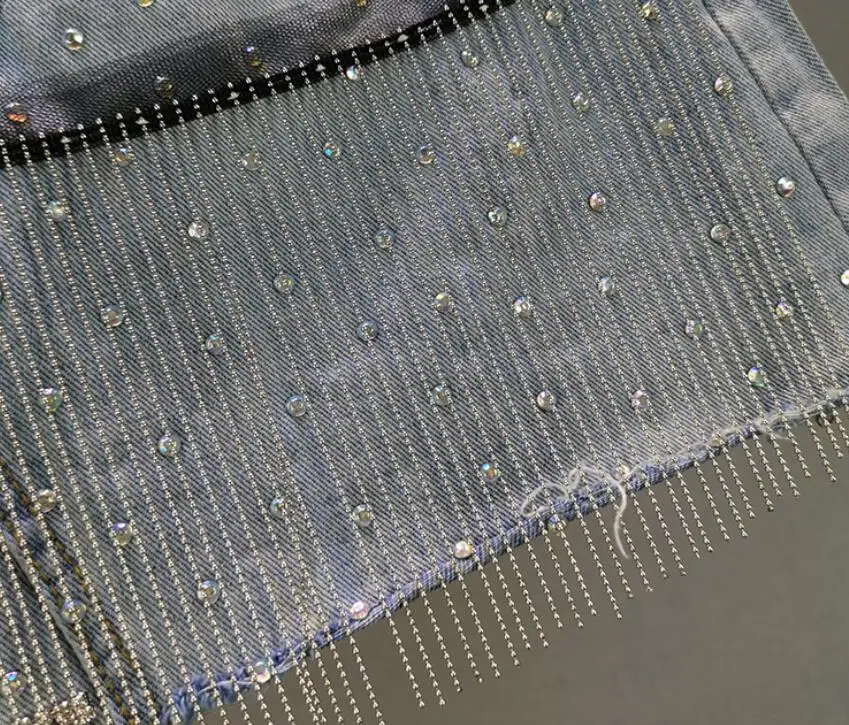 

Mini Denim Skirt Female 2021 Summer New High Waist Heavy Rhinestone Tassel A- Line Skirt Ladies Skirts Jean Jupe w2528