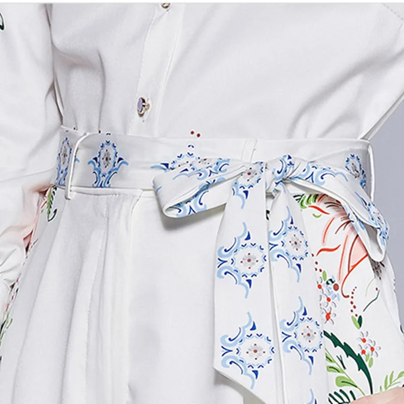 

Spring Runway Elegant Floral Bird Print Shorts Suit Women's Lantern Sleeve Lace-Up Bow BlouseHigh Waist Shorts 2 Pieces Sets