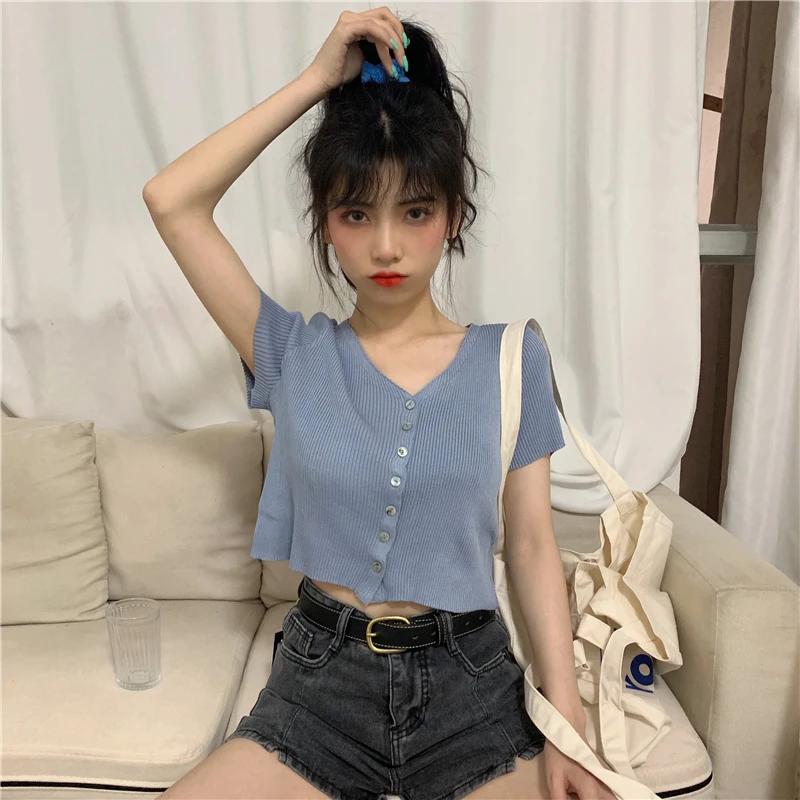 

Slim Fit Slimming Crop-Top Short Top with High-Waisted Trousers Small V-neck Short Sleeve Sweater Women's Preppy Style Summer
