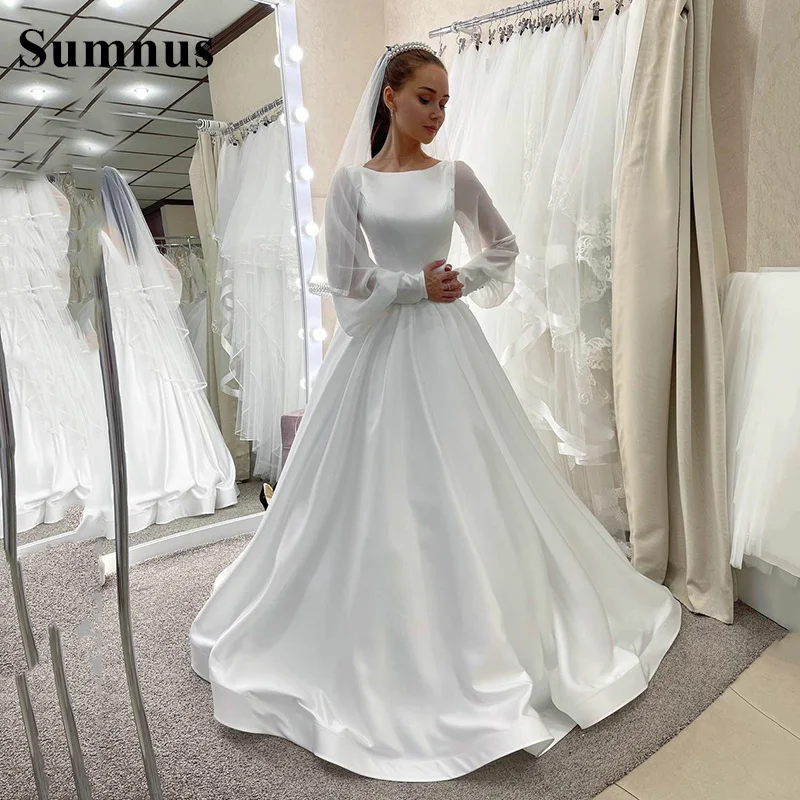 

SoDigne Arabic Dubai Wedding Dress 2022 Vestido De Noiva White Satin A Line Bridal Gowns Simple Long Sleeves Women Party Dress