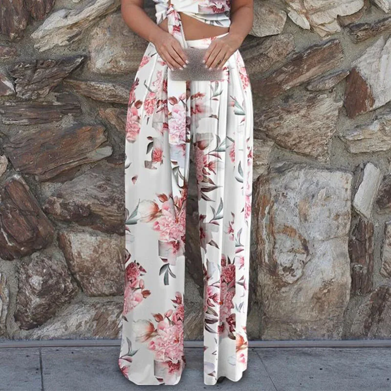 

Summer Fashion Floral Print Two Piece Pants Set Women Elegant One Shoulder Crop Tops And Loose Wide Leg Pants Suits Sexy Outfit