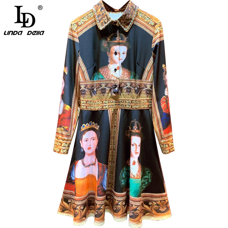 

LD LINDA DELLA 2021 Summer Fashion Runway Vintage Dress Women's Long Sleeve Gorgeous Crystal Beading Queen Character Print Dress