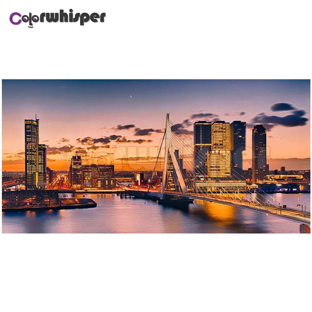 Алмазная картина полностью квадратная/круглая дрель Роттердамский мост ночная