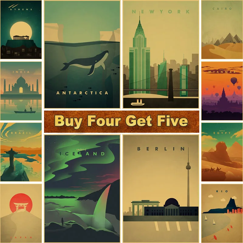 

Famous Travel City Retro Poster New York Paris Ireland Wall Art Kraft Paper Painting Pictures for Living Room Home Decor Sticker