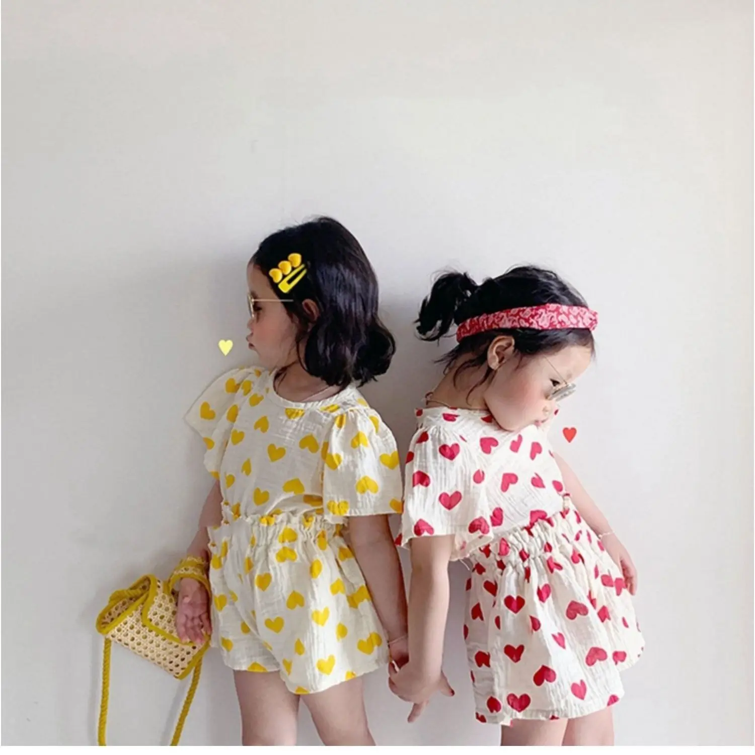 

2021 summer new style cotton breathable Korean girl shorts love bubble short sleeve two-piece suit Western style P4676