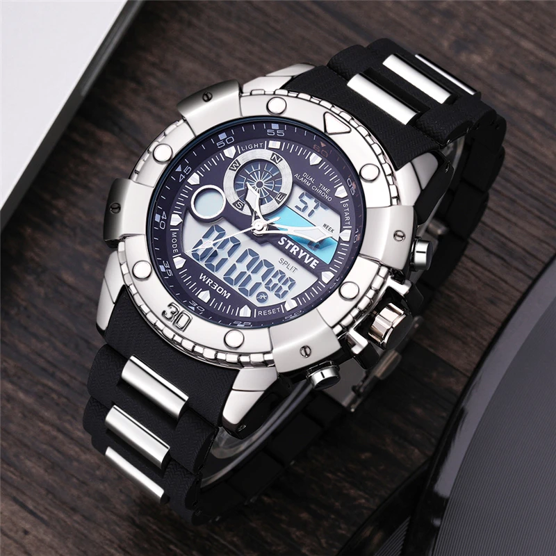men fashion wristwatches luxury hot stryve brand mens plastic strap sports dual time quartz digital watches with 30m waterproof free global shipping
