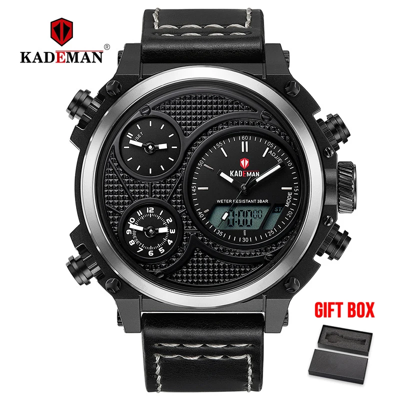 silver black KADEMAN мужские часы милитари, спортивные кварцевые часы светодиодный цифровой двойной дисплей водонепроницаемые кожаные Наручные часы Relogio Masculino - Цвет: silver black