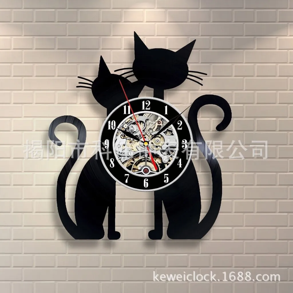 

European high-end vinyl record clock cat bedroom creative wall clock high quality quartz clock
