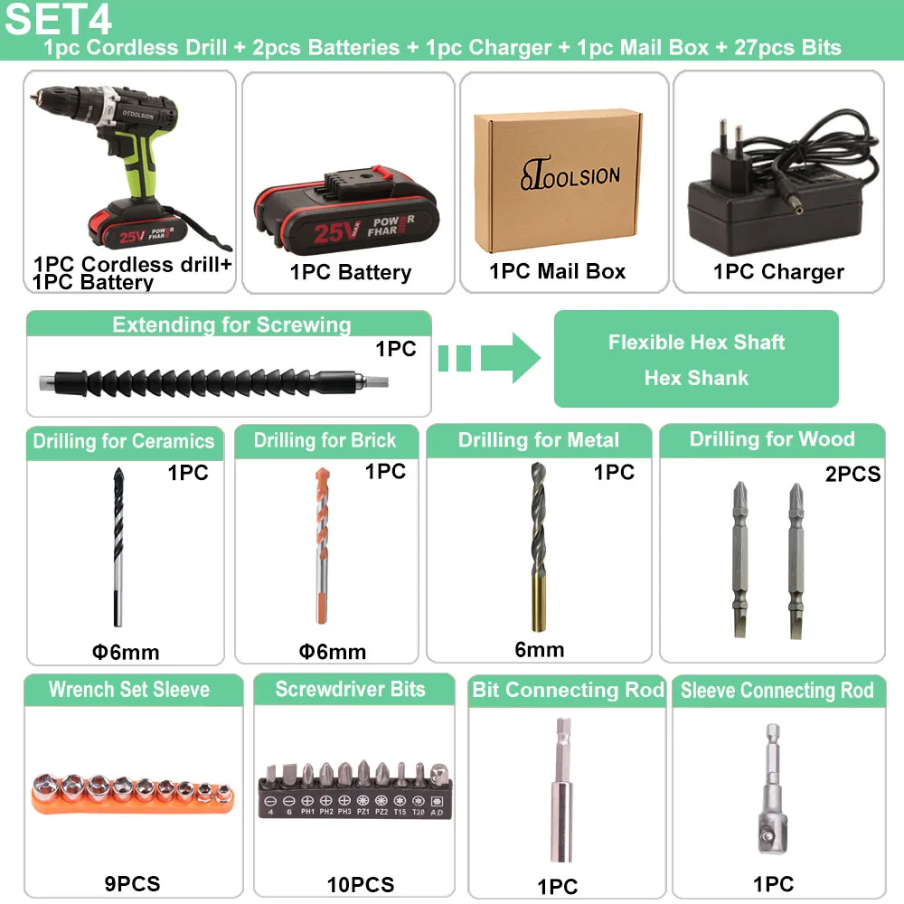 SET4 (2 pc battery) 25V 48N.m Impact Battery Drill Cordless Screwdriver Power Tools Impact Electric Screwdriver Electric Impact Drills+27 Pcs Parts - Цвет: SET4 (2 pc battery)