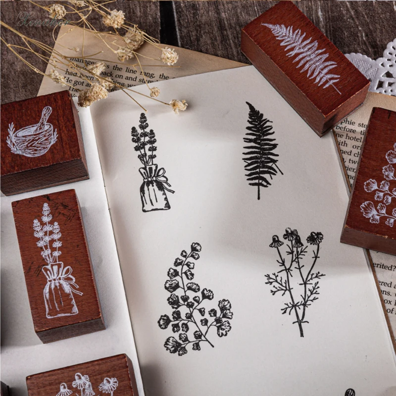 Винтажный травянистый штамп с листьями маргаритки деревянные и резиновые штампы