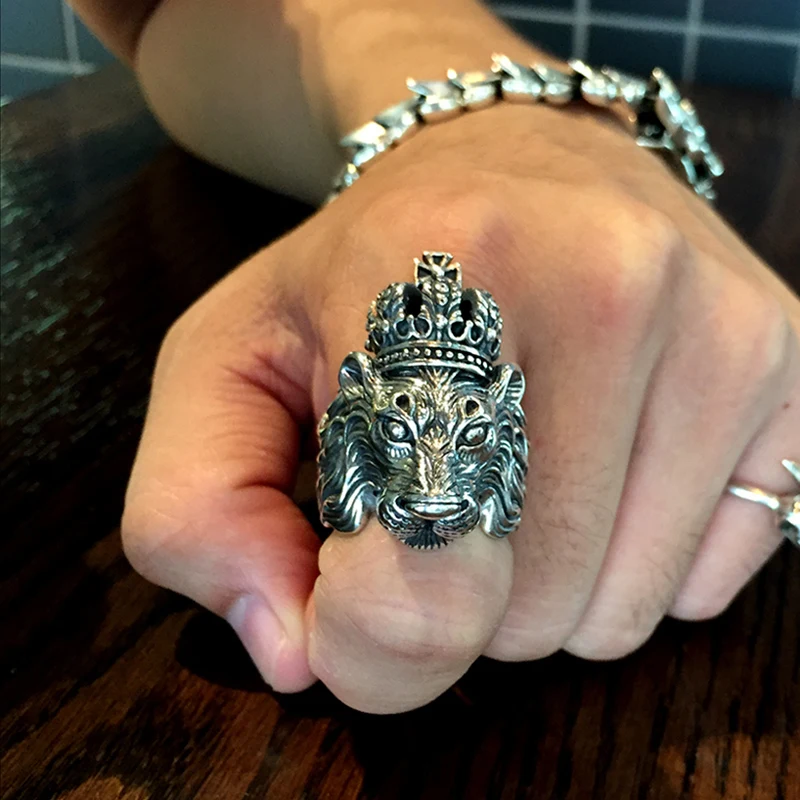 ZABRA, настоящее, одноцветное, 925 пробы, Серебряная корона, Король Лев, кольцо для мужчин, мальчик, панк, Ретро стиль, крутое, байкерское, голова льва, кольцо