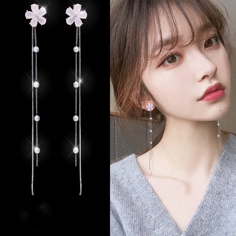Temperament flower earrings pearl Korean style tassel pendant long personality cold and versatile female | Украшения и аксессуары