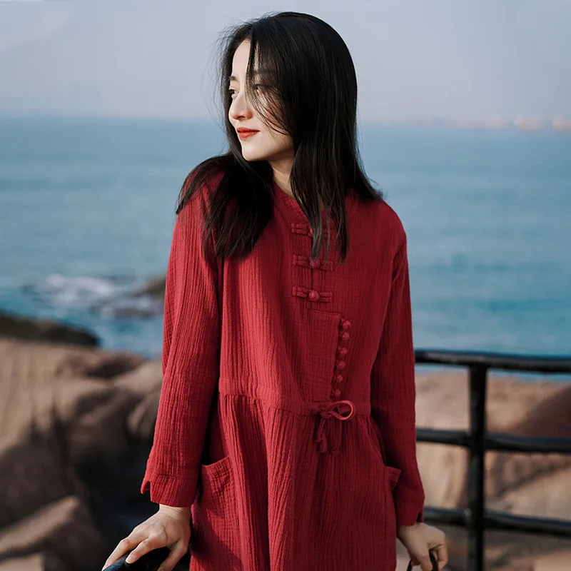 Женское платье свободного покроя с талией винтажное красное в китайском стиле