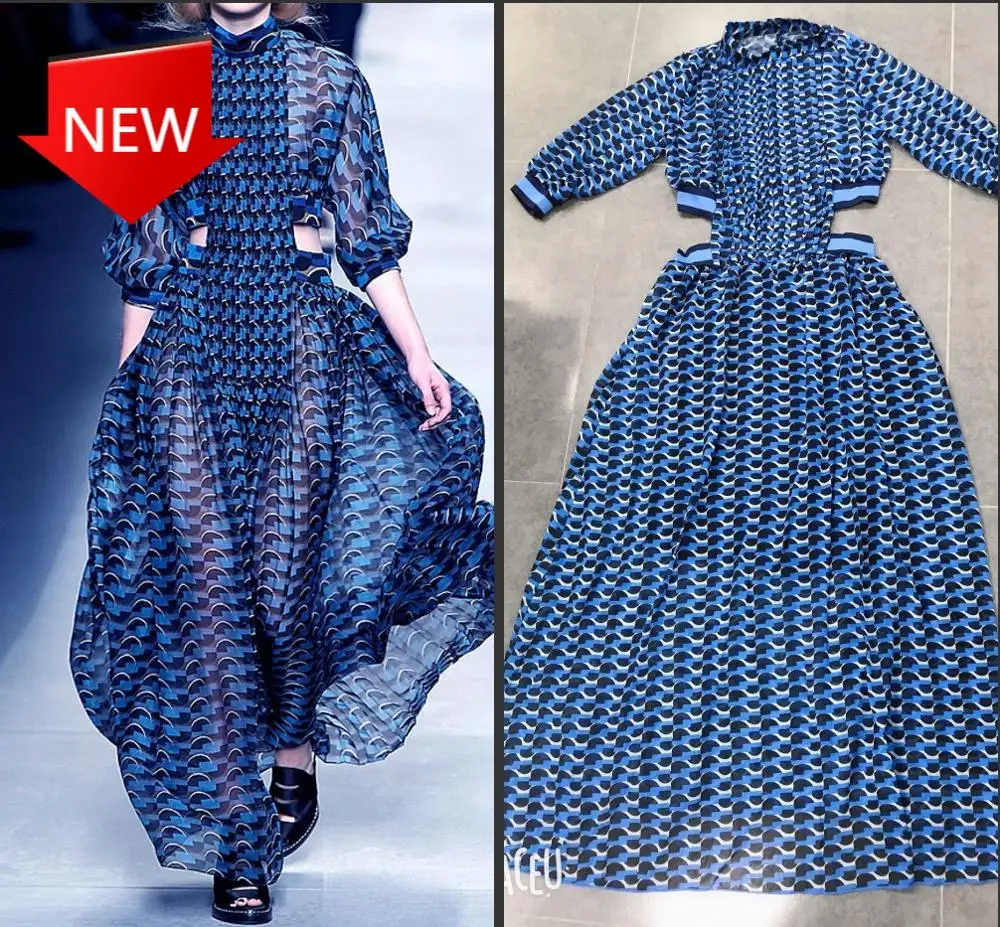 

Long Sleeves Turtleneck Sexy Hollow Out Waist A line Floor Length Charming Party Dress Blue Stripes Women Runway Dresses