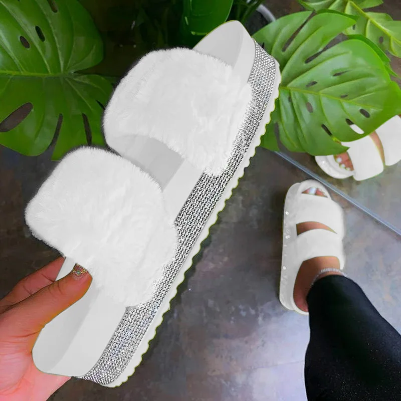 

Women Fur Slippers Summer Home Flat Fur Slides For Women Fluffy Female Shoes Glitter Indoor Women Casual Shoes Outside Slippers