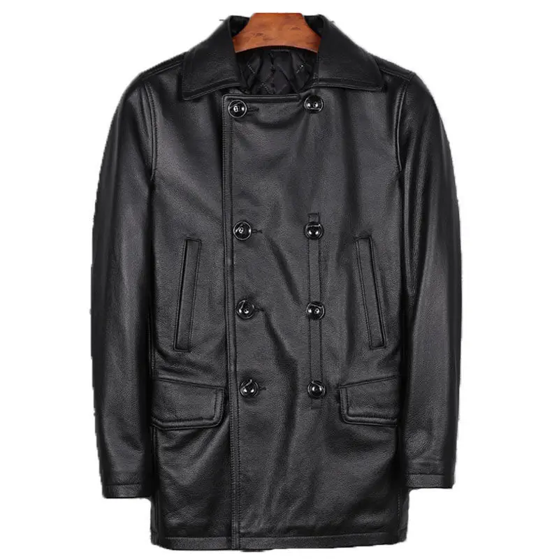 

2022 Black Genuine Leather Jacket Men Double Breasted Casual Style Plus Size 5XL Real Natural Cowhide Autumn Slim Fit Pea Coat