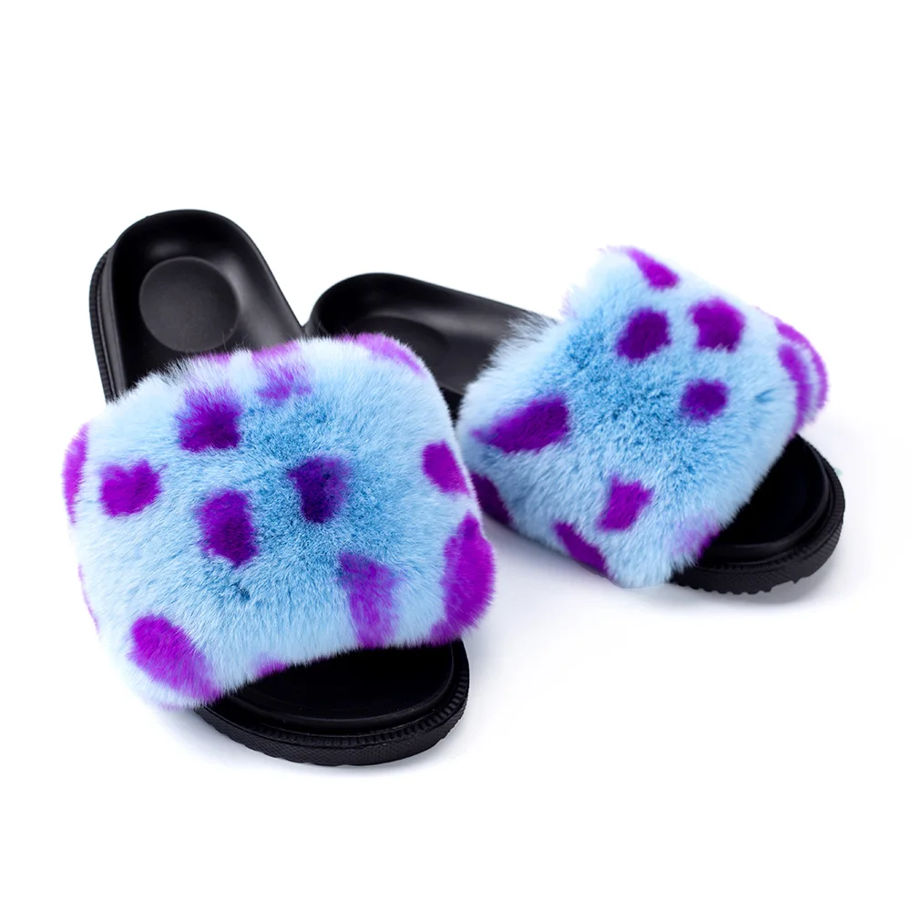 MPPM Real Rabbit Fur Slides Slippers Comfort Fuzzy Sandals Shoes for Women Outdoors Fluffy Flip Flops Home Furry Ladies Sandals