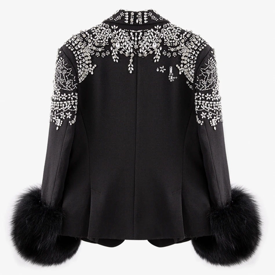 

2020 Autumn And Winter New Fashion Lapel Detachable Cuff Single Button High Street Feather Diamond Decoration Black White Coat
