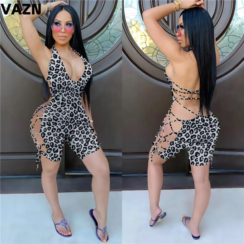 VAZN 2020 Summer Novelty Cross Bandage Sexy Opne Beach Young Halter Backless Sleeveless Elastic Women High Waist Slim Playsuits | Женская