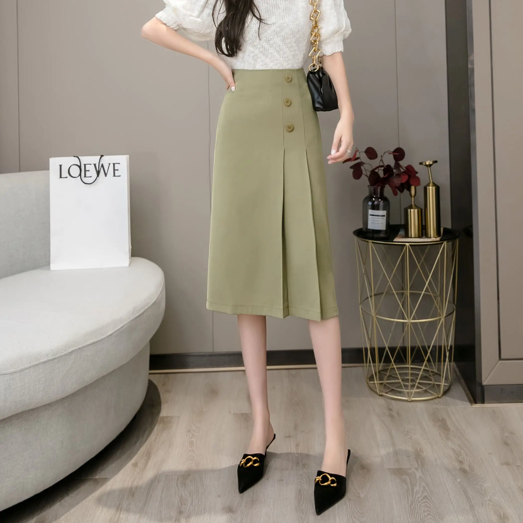 Женская офисная юбка на пуговицах элегантная трапециевидная миди с высокой