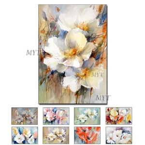 Абстрактная картина маслом с тремя белыми цветами, Современная Настенная картина ручной работы, картина для гостиной, украшение для дома, картина без рамки