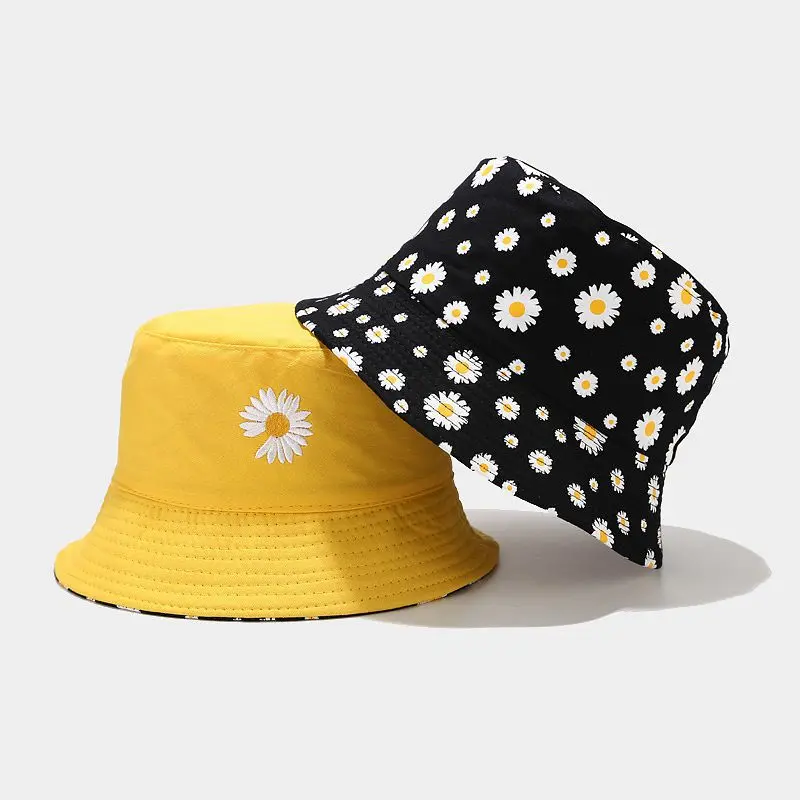 

New Bucket Hat Reversible Daisy Outdoor Fisherman Hat Women's Summer Printing Sun Protection Hat Men's Unisex Panama Bob Cap